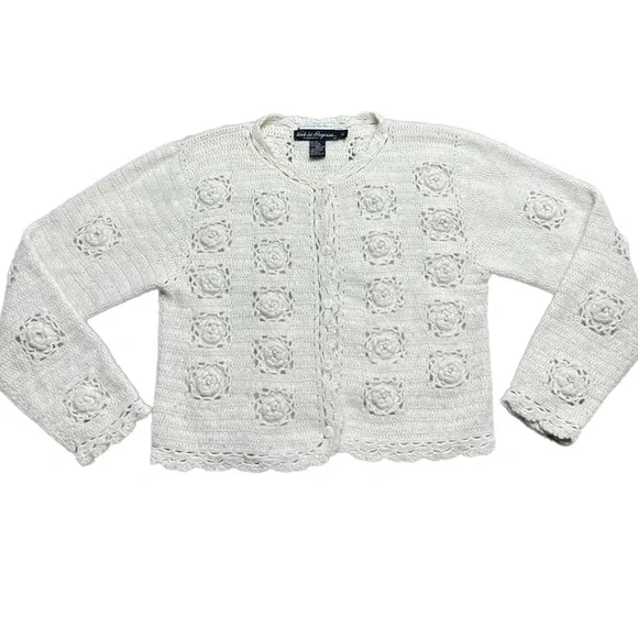 VTG Angora Crochet Knit 3D Flower Pearl Crop Cardigan Sweater S - Picture 1 of 7